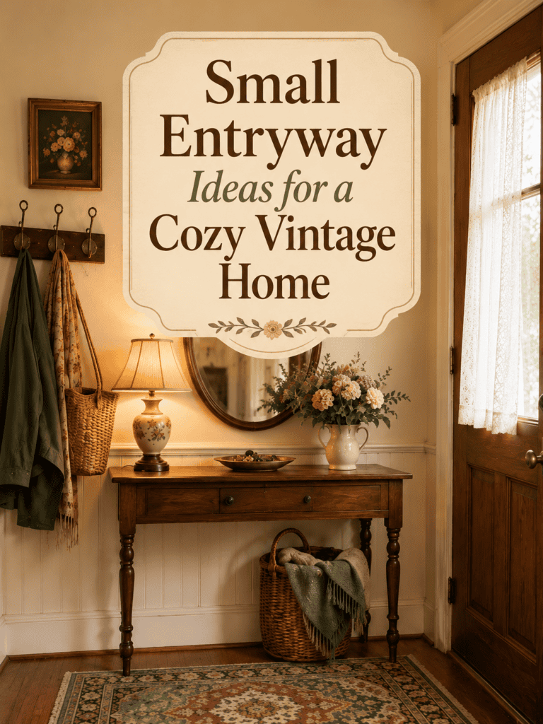 a cozy vintage home with a narrow table, mirror, lamp, basket, hooks, and warm cottage-style charm.