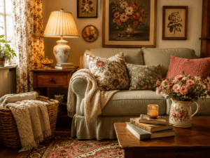 Cozy vintage living room with floral pillows, warm lamp light, wood furniture, and layered cottage-style decor