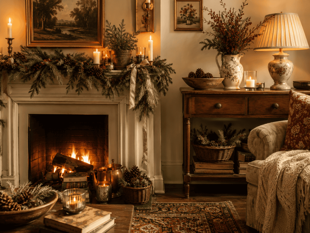 seasonal home decor ideas living room with decorated mantel, fireplace, candlelight, evergreen garland, and warm vintage decor