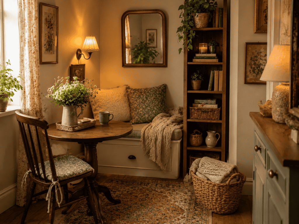 Small space decorating ideas in a cozy vintage dining nook with warm lighting, built-in seating, storage, and cottage-style decor