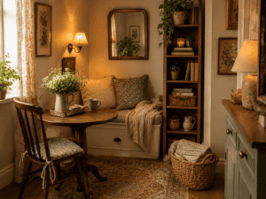 Small cozy vintage dining nook with built-in bench seating, warm lighting, floral accents, and practical storage
