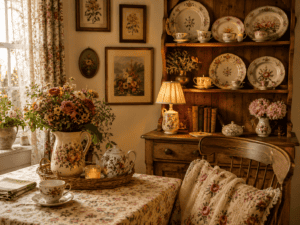 Vintage cottage kitchen corner with floral dishes, warm wood furniture, soft lighting, and grandmacore charm