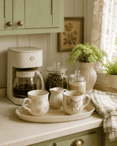 Cozy coffee bar ideas with sage green cabinets, vintage mugs, glass jars, and cream coffee maker