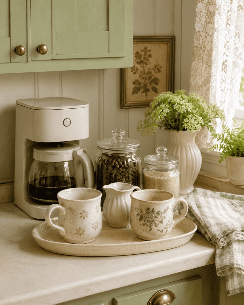 Cozy coffee bar ideas with sage green cabinets, vintage mugs, glass jars, and cream coffee maker