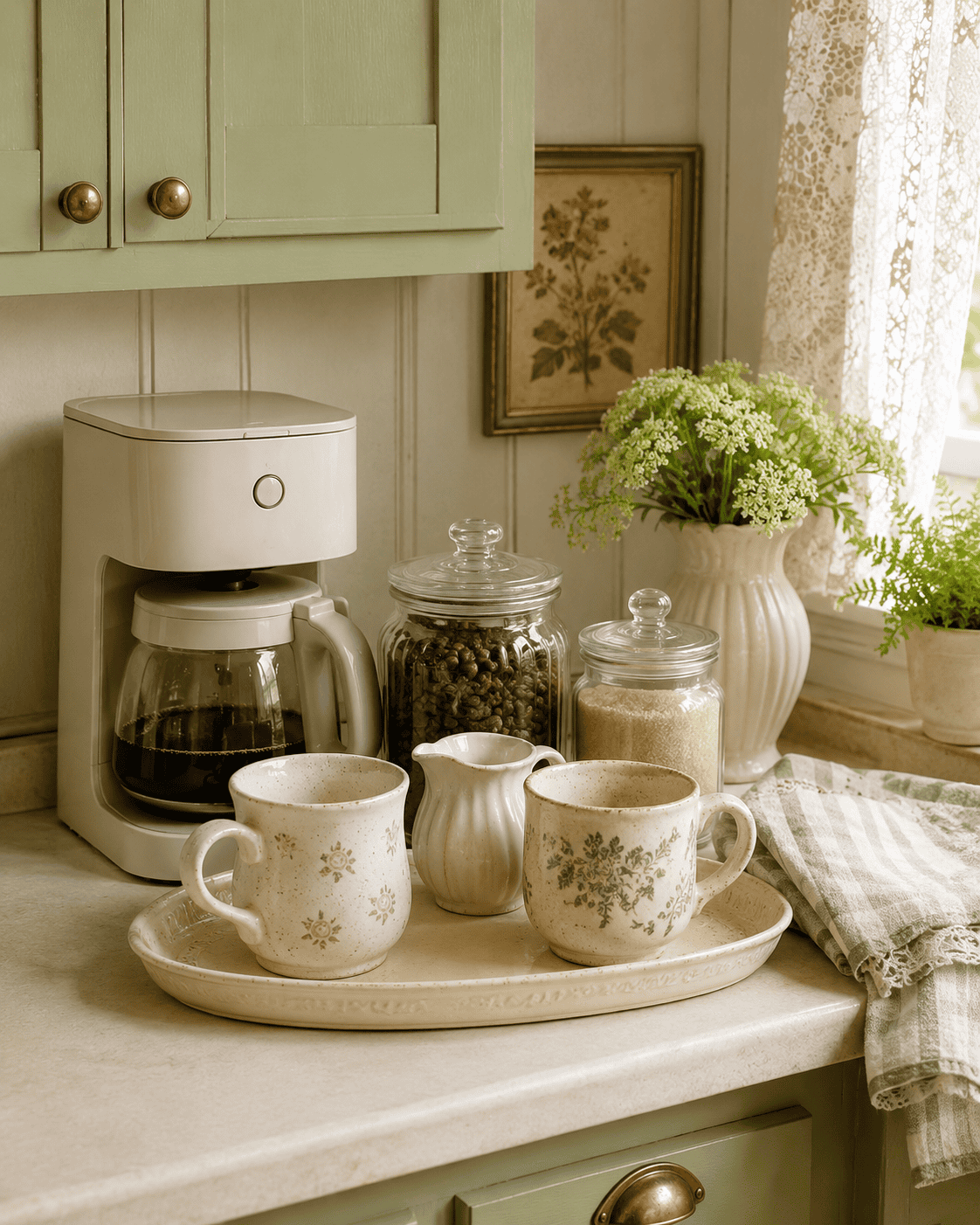 Cozy coffee bar ideas with sage green cabinets, vintage mugs, glass jars, and cream coffee maker