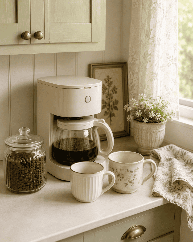 compact cream coffee maker, ceramic mugs, and glass jar of coffee beans