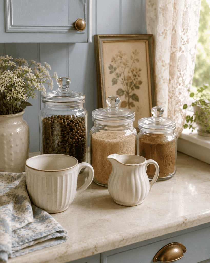 A vintage-style creamer pitcher adds a soft, charming detail to a setup.