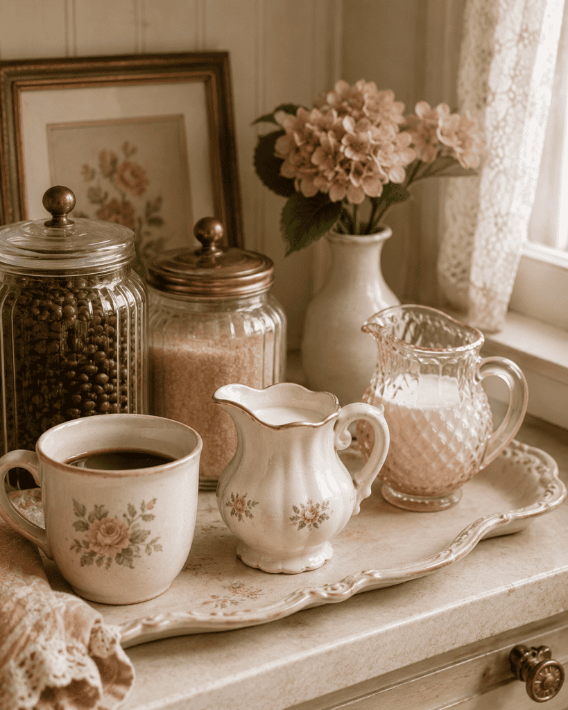 A vintage creamer pitcher, glass jars, floral mug, and blush accents
