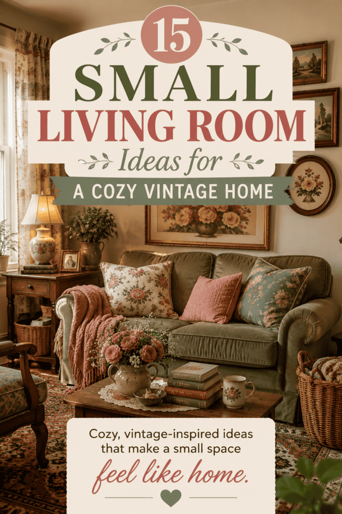Pinterest pin for small living room ideas with a cozy vintage living room, green loveseat, floral pillows, layered throws, warm lighting, and cottage-style decor.