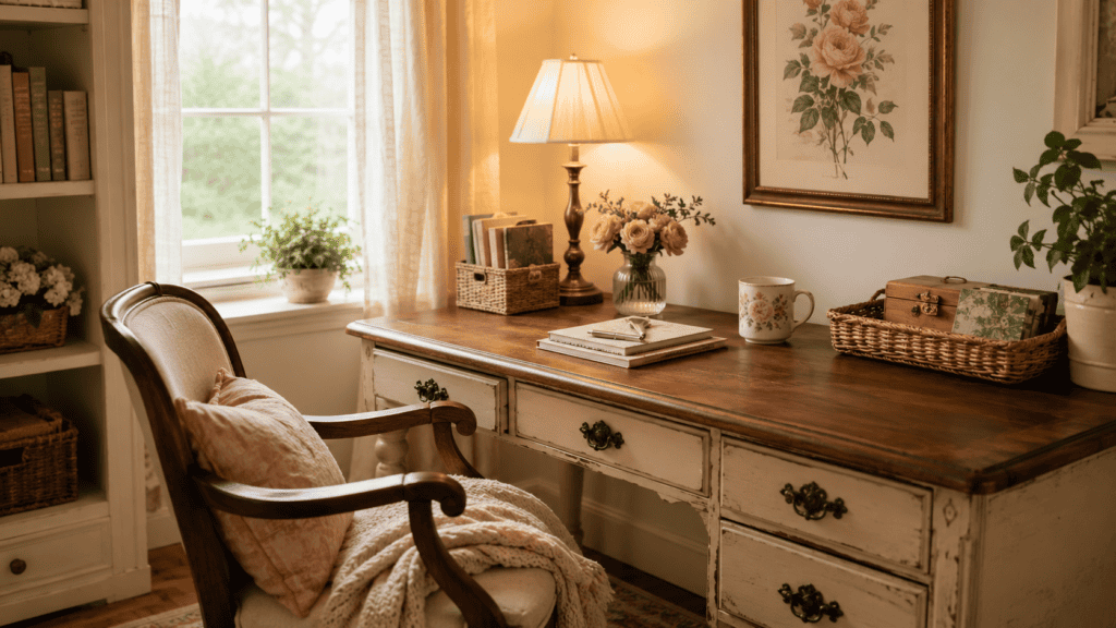 Small home office ideas in a cozy vintage workspace with a distressed desk, warm lamp light, floral art, and tidy pretty storage.