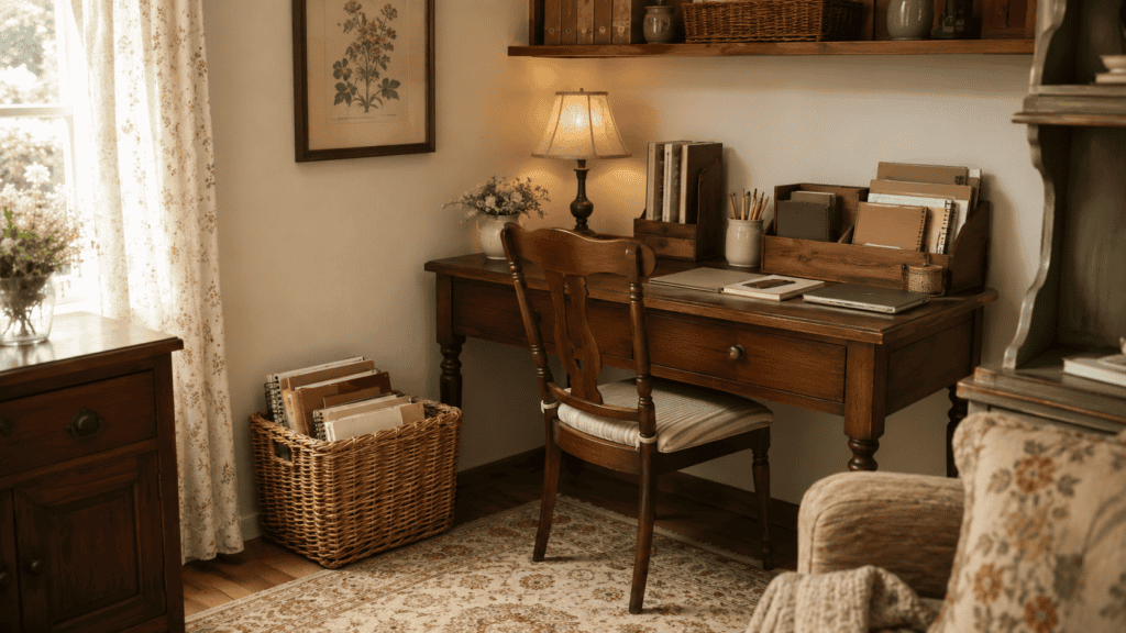 Woven basket for storage beside with notebooks, warm wood tones, and a soft rug.