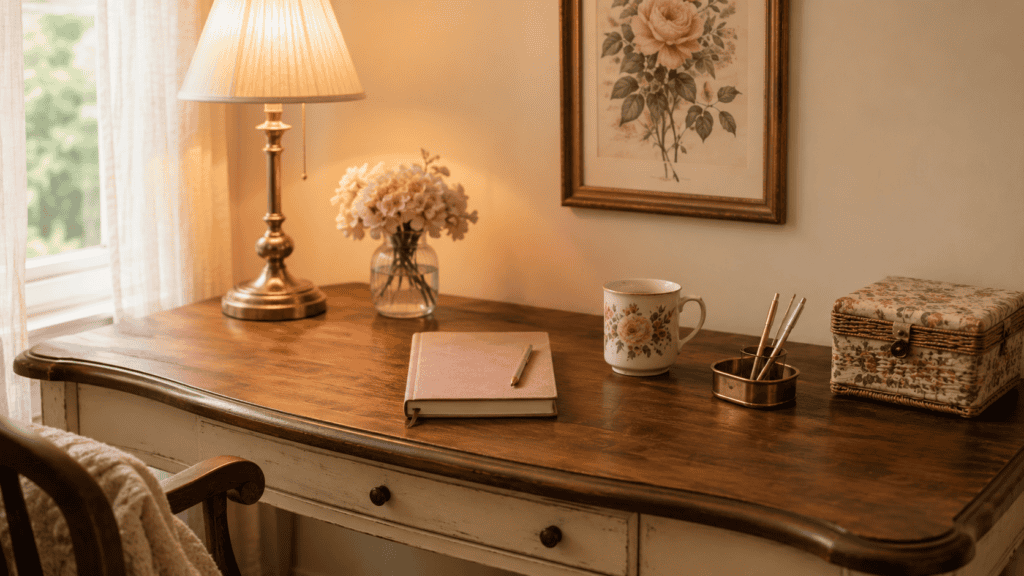 one lamp, notebook, pen tray, floral mug, small vase, and decorative storage box.