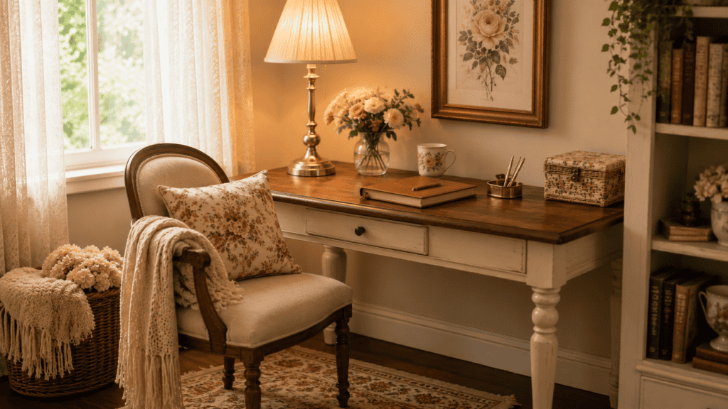 a floral cushion, throw blanket, woven basket, curtains, and vintage work table
