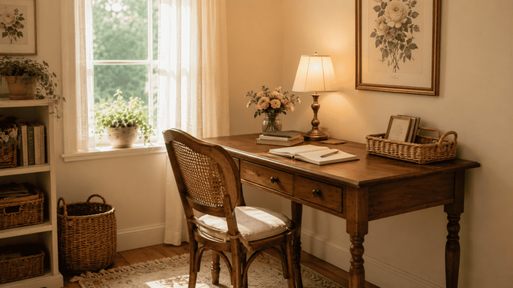 cream walls, warm wood table, cane chair, floral print, woven basket, and soft neutral rug.