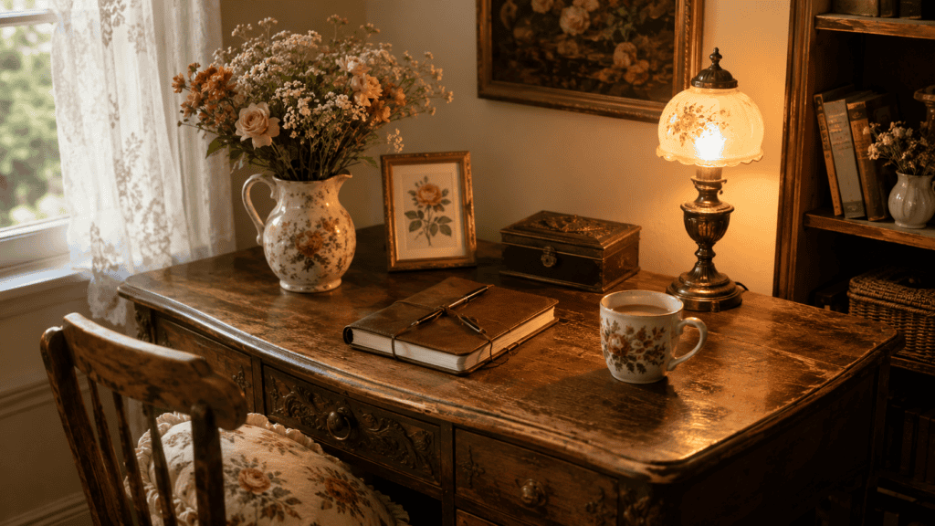 Personal vintage office details with a favorite journal, framed floral card, mug, keepsake box, lamp, and flowers.