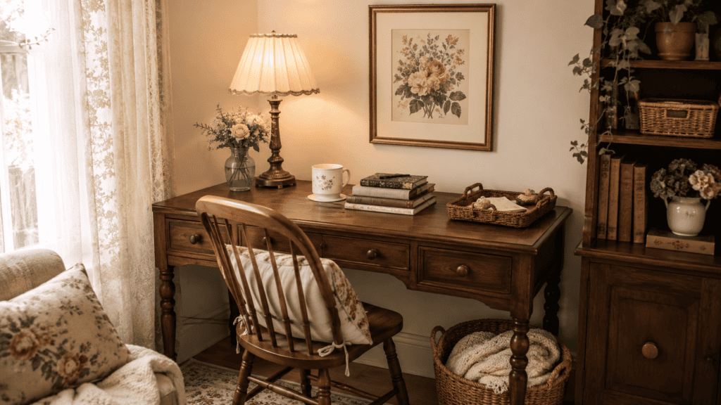 comfortable chair, floral print, mug, journals, basket, and flowers.