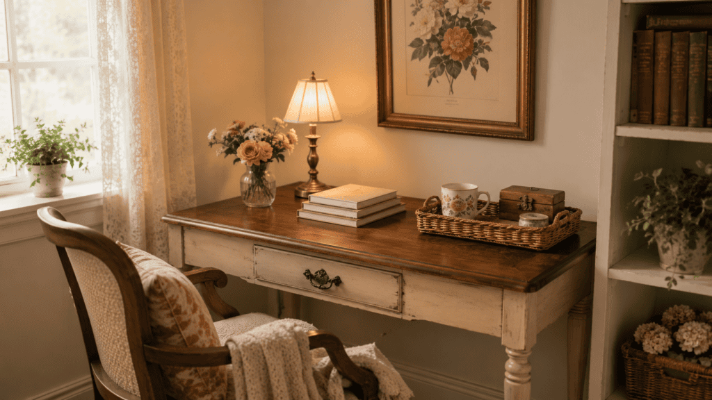 Small home office ideas with a compact vintage desk, warm wood tones, tidy journals, and cozy cottage-style charm.