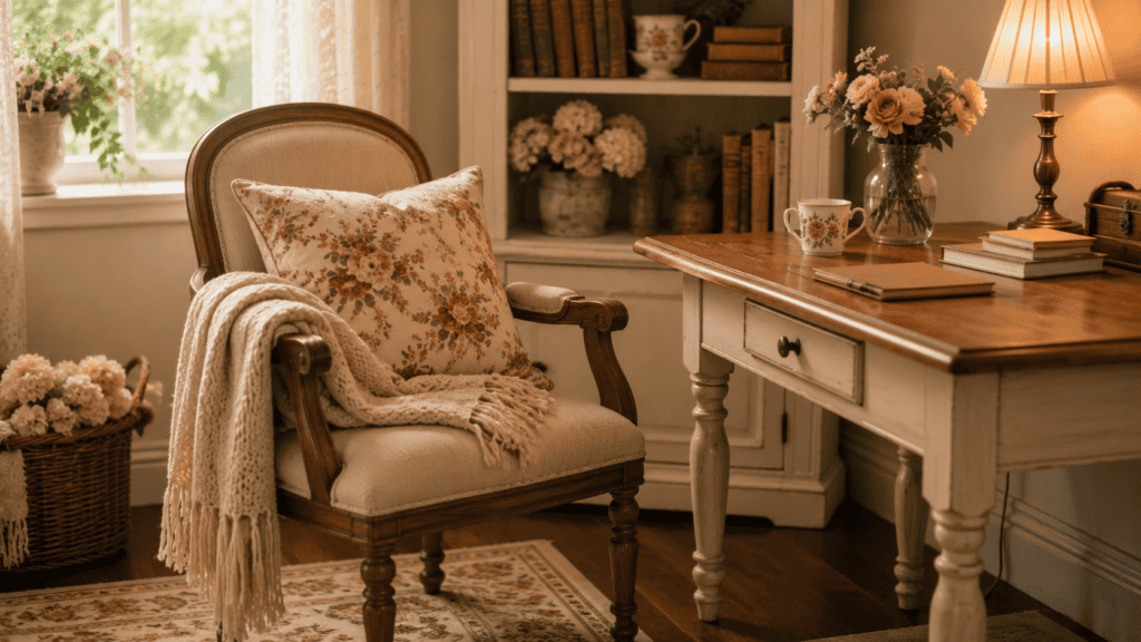 Cozy vintage home office chair with a floral cushion, soft throw, warm wood tones, and cottage-style desk corner.