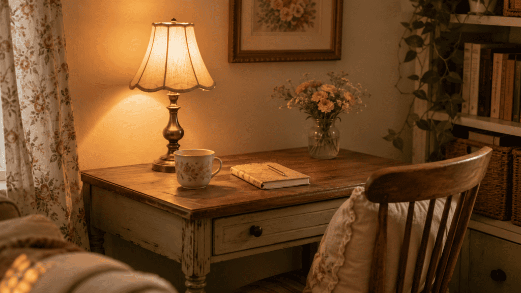 Small home office ideas with a warm desk lamp, vintage writing desk, pretty mug, notebook, and cozy evening glow.