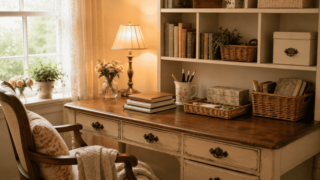 Pretty home office storage with a small tray, decorative box, woven basket, journals, and a cozy vintage desk.