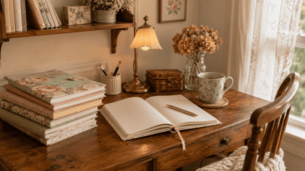 Vintage-inspired journals and notebooks styled on a cozy home office desk with a lamp, mug, and warm wood tones.