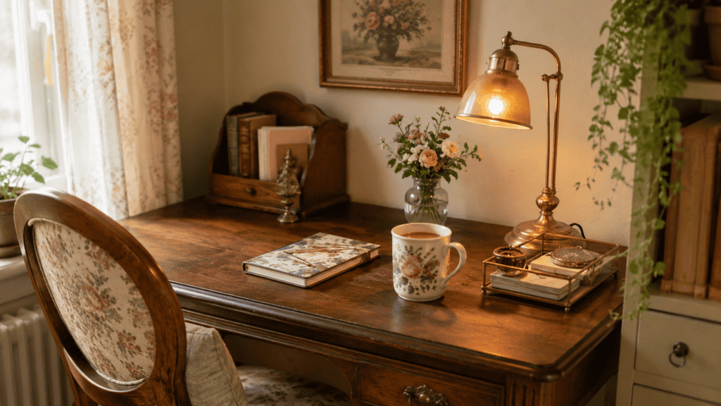 Pretty floral mug on a cozy vintage office desk with a notebook, warm lamp, small flowers, and tidy tray.
