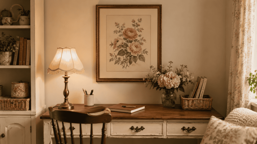 Floral art above a small vintage home office desk with cream walls, warm lighting, flowers, and cottage-style charm.