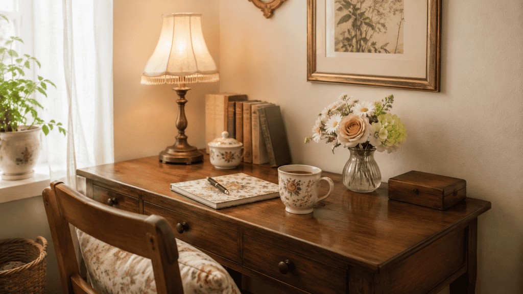 vase of flowers on a cozy vintage lamp, mug, planner, and warm cottage-style details.