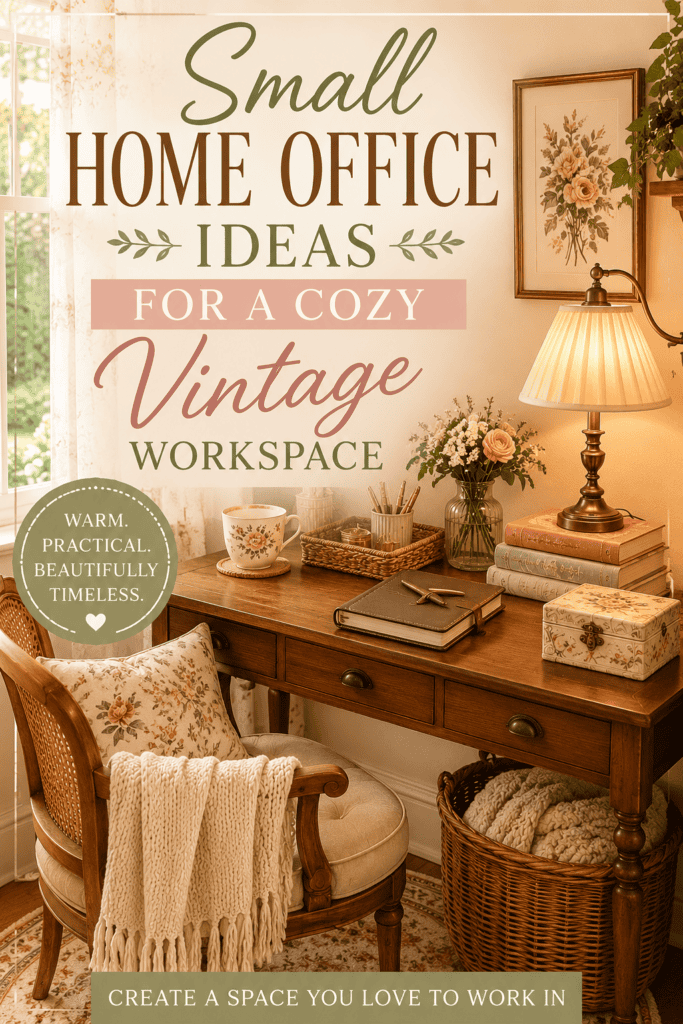 Pinterest pin for small home office ideas with a cozy vintage desk, warm lamp light, floral decor, and cottage-style workspace inspiration.