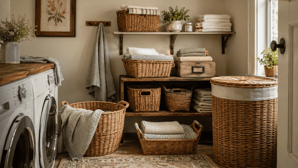 Shelving can create an organized space with baskets and pegboards.