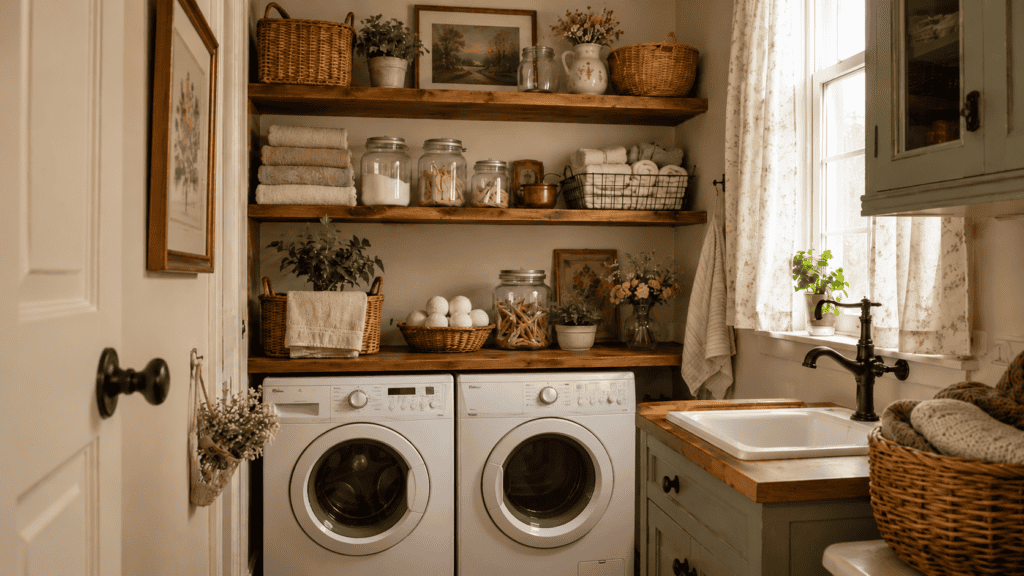 Woven laundry baskets and storage hampers with folded towels, warm wood shelves, and cozy vintage styling.