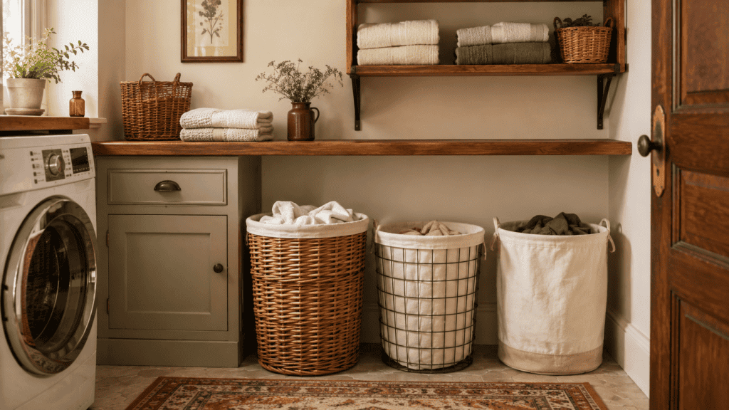 three attractive hampers for sorting clothes, a wood countertop, folded towels, shelves, and cozy vintage decor.