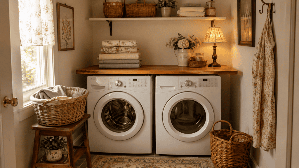 wood countertop folding station above front-loading machines, folded towels, baskets, and cottage-style decor.