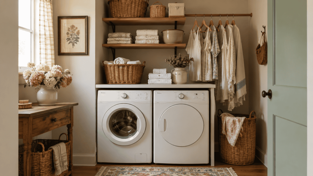 small laundry room ideas with nook with washer and dryer, shelves, baskets, hanging linens, folded towels, and vintage-style decor.