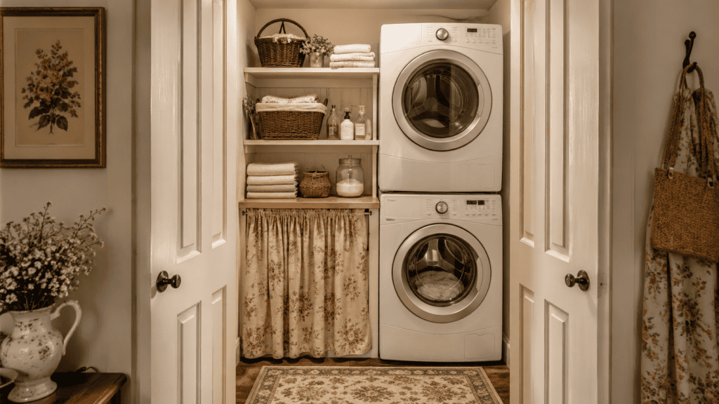 Small laundry closet with a stackable washer and dryer, open shelves, woven baskets, folded towels, and cozy vintage decor.