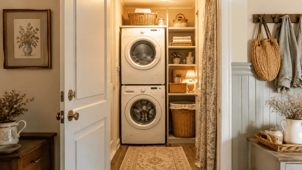small laundry room ideas with a closet with a stackable washer and dryer, open shelving, woven baskets, and cozy vintage decor.