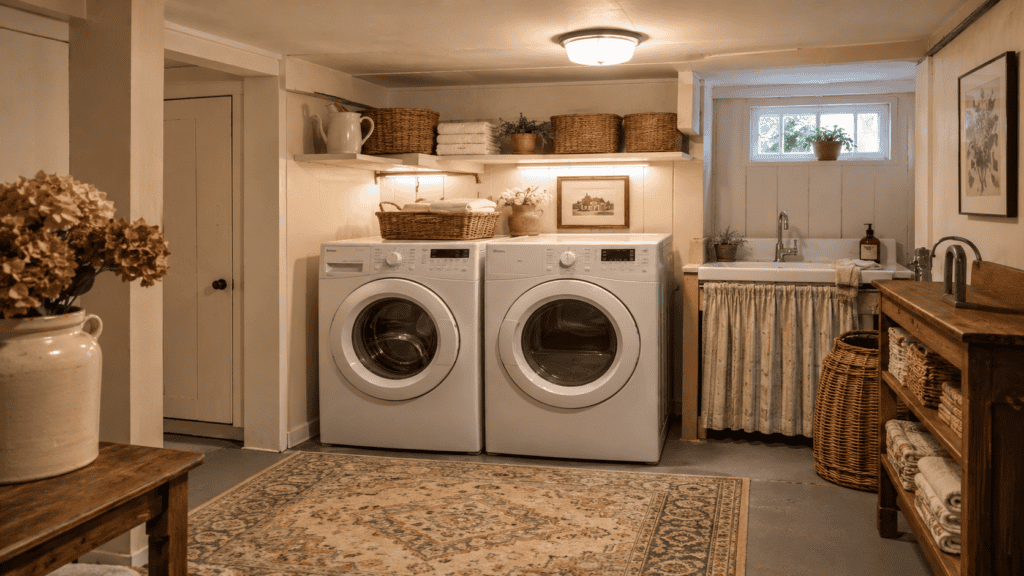 Cozy basement laundry room with washer and dryer, shelves, baskets, warm lighting, and vintage-inspired decor.