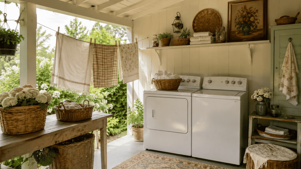 small laundry room ideas with covered outdoor laundry area with washer and dryer, baskets, shelves, and a simple clothesline in a cozy cottage-style setting.