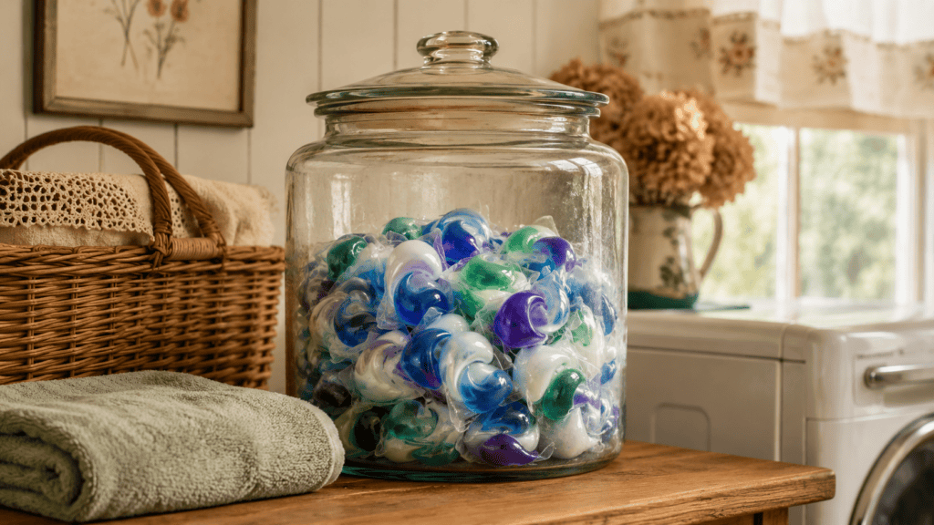 Large antique-style glass jar filled with colorful laundry pods on a wood countertop in a cozy vintage laundry room.