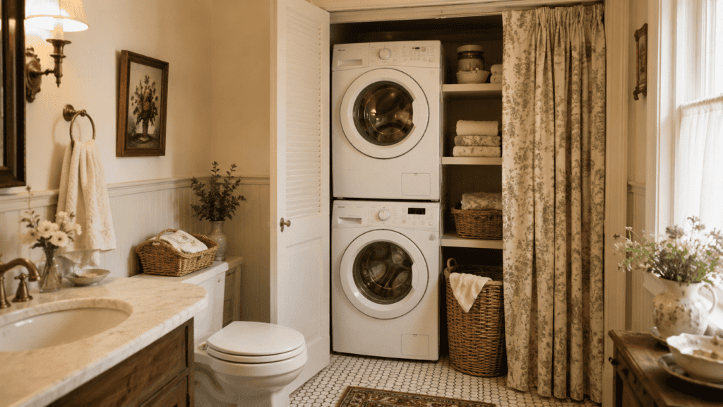 Small bathroom laundry area with a stackable washer and dryer, folded towels, woven baskets, floral curtain, and cozy vintage details.