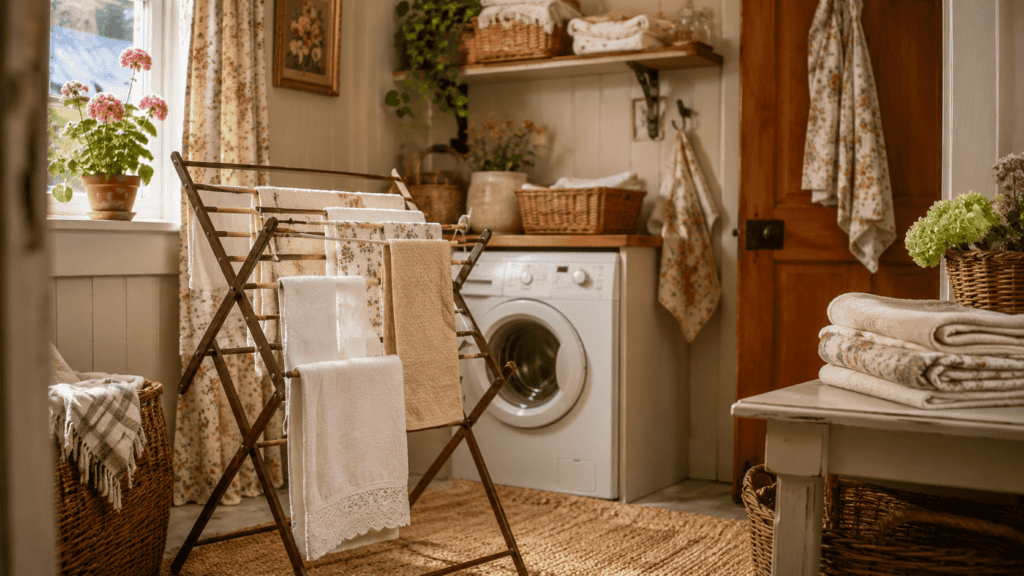 a wooden drying rack, hanging linens, baskets, warm wood tones, and vintage-style decor.