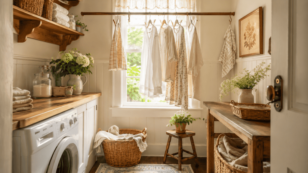 Small cozy laundry room with a wooden drying rack, hanging linens, baskets, warm wood tones, and vintage-style decor.