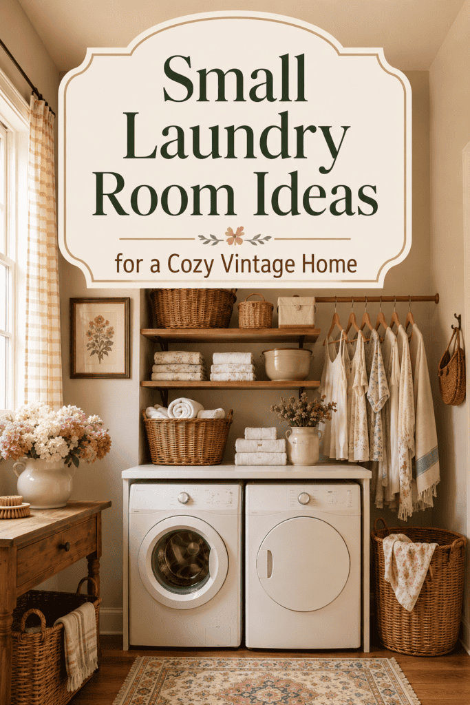 Pinterest pin for small laundry room ideas with cozy vintage laundry nook, shelves, baskets, hanging clothes, and text overlay.