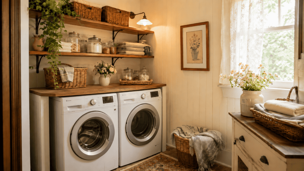 Small laundry room ideas with front-loading machines, wood shelves, woven baskets, glass jars, folded towels, and cozy vintage decor.