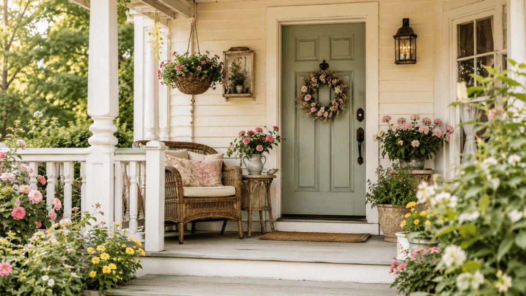 a soft color palette, muted front door, wicker furniture, and cottage flowers on a cozy porch