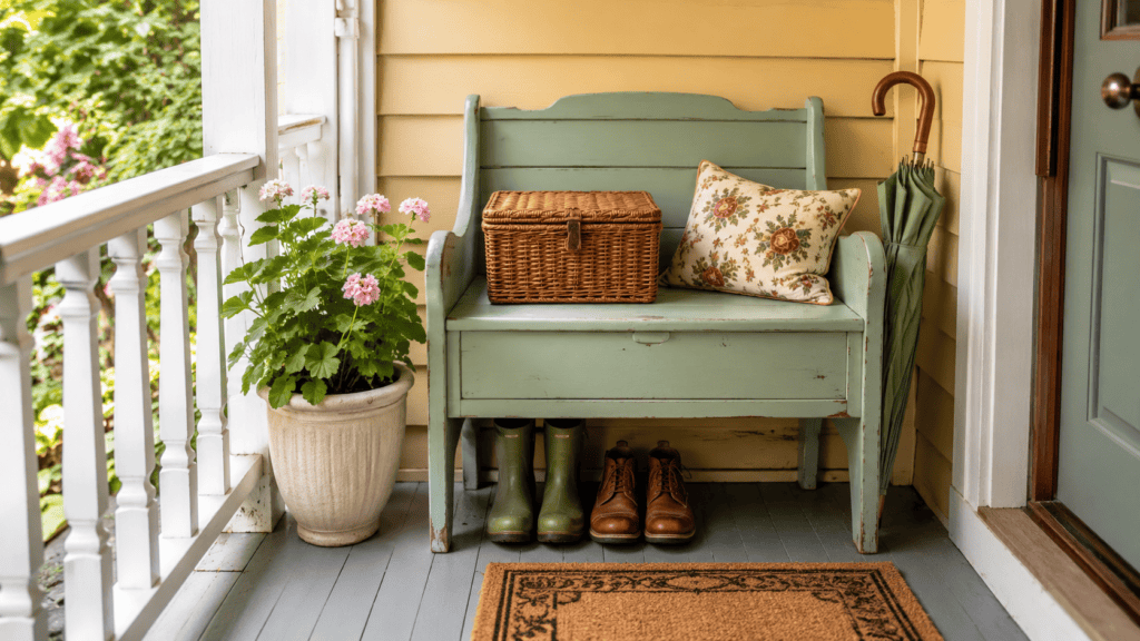 practical porch storage, a narrow bench, woven basket, planter, and neat cottage-style details.