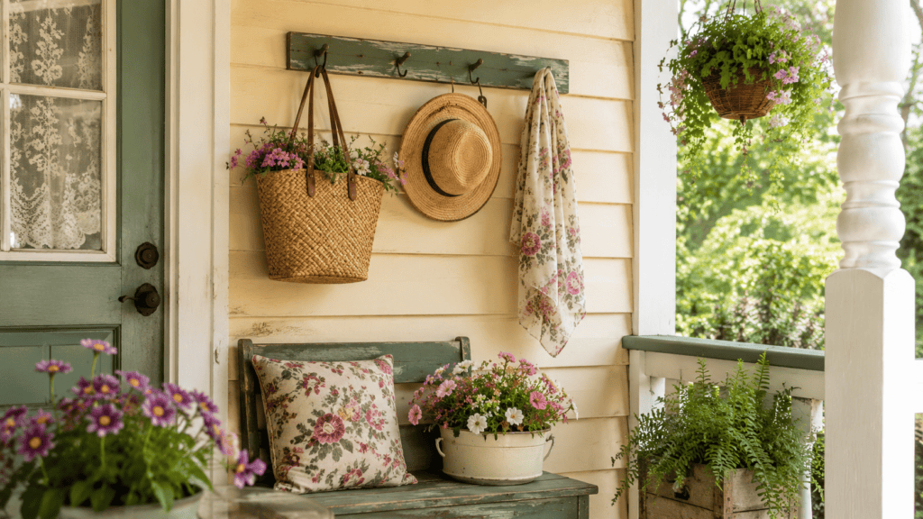 a peg rail, wall hooks, market bag, and charming vintage cottage porch details.