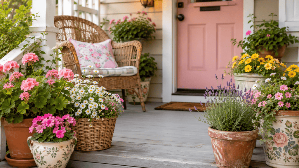 flowers in simple pots and baskets, creating a cheerful and cozy vintage cottage entrance.
