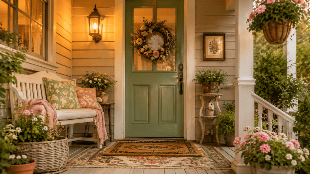 a finished cozy entrance, painted front door, layered rug, wreath, seating, and soft planters.