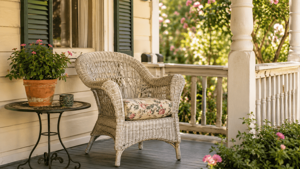A cozy vintage chair, soft cushion, side table, and potted plant on a charming cottage porch.
